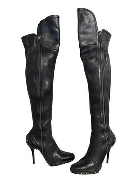 GUCCI Tom Ford Black Leather Thigh-High Studded Platform Stiletto OTK Boots 2003
